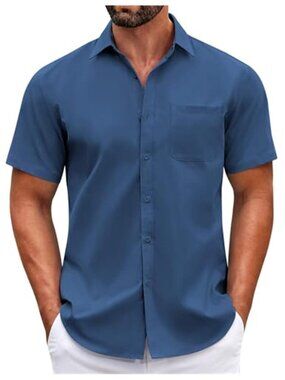 Mens Blue Short Sleeve Button Down Casual Summer Untucked Dress Shirt Pocket Fit
